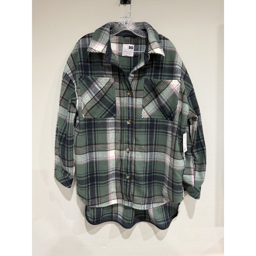 NWT SO Juniors Plaid Flannel Jacket Tunic Green Heavy Weight Size Large